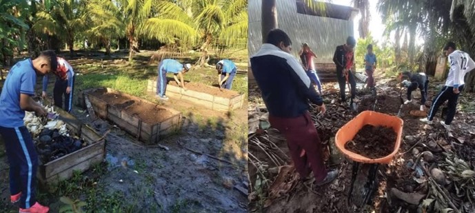 Students building composters