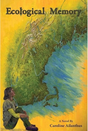 Cover image of the book, Ecological Memory. The image is dominated by what might be New England as seen from space--the shapes of the coastline, larger islands, and various rivers are clear, and there are no political boundaries or labels as would be typical for a map. But this image of New England is painted over a yellow background that it does not completely cover, making the fact that it IS a painting visually obvious. In the lower left-hand corner, also painted, is a person--perhaps the idea is that New England has been painted on a wall, and this person is sitting beside the wall? The person is a young woman wearing green trousers and a grey t-shirt over a long-sleeved shirt with hiking boots. Her skin is dark brown, and she wears her shoulder-length hair in narrow braids. She sits staring up towards the upper-right corner of the image. At the top, in dark lettering, is the title of the book. The author's name is in smaller lettering in the lower right-hand corner.